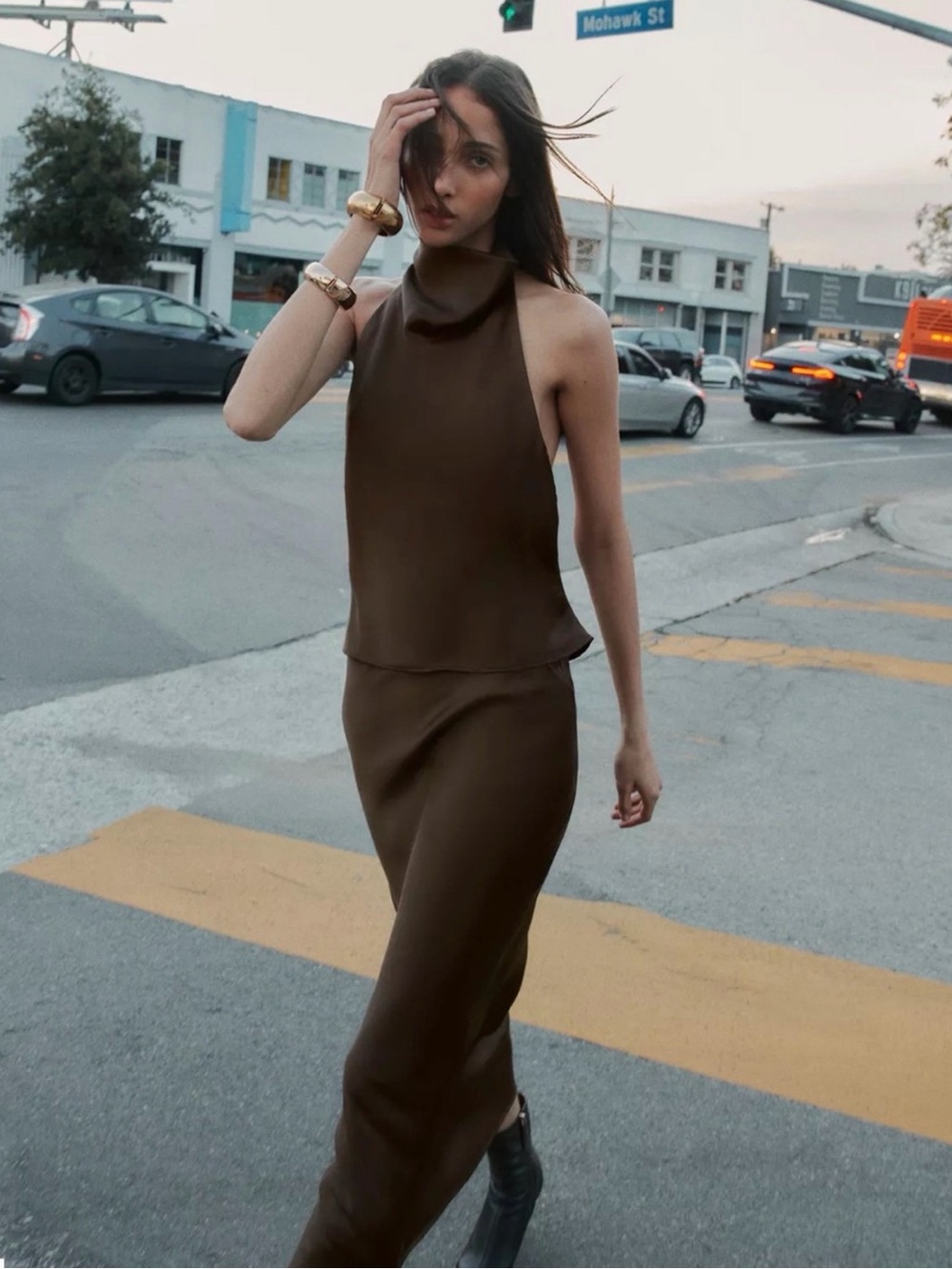 Zara Satin Effect Halter Top and Skirt (brown)